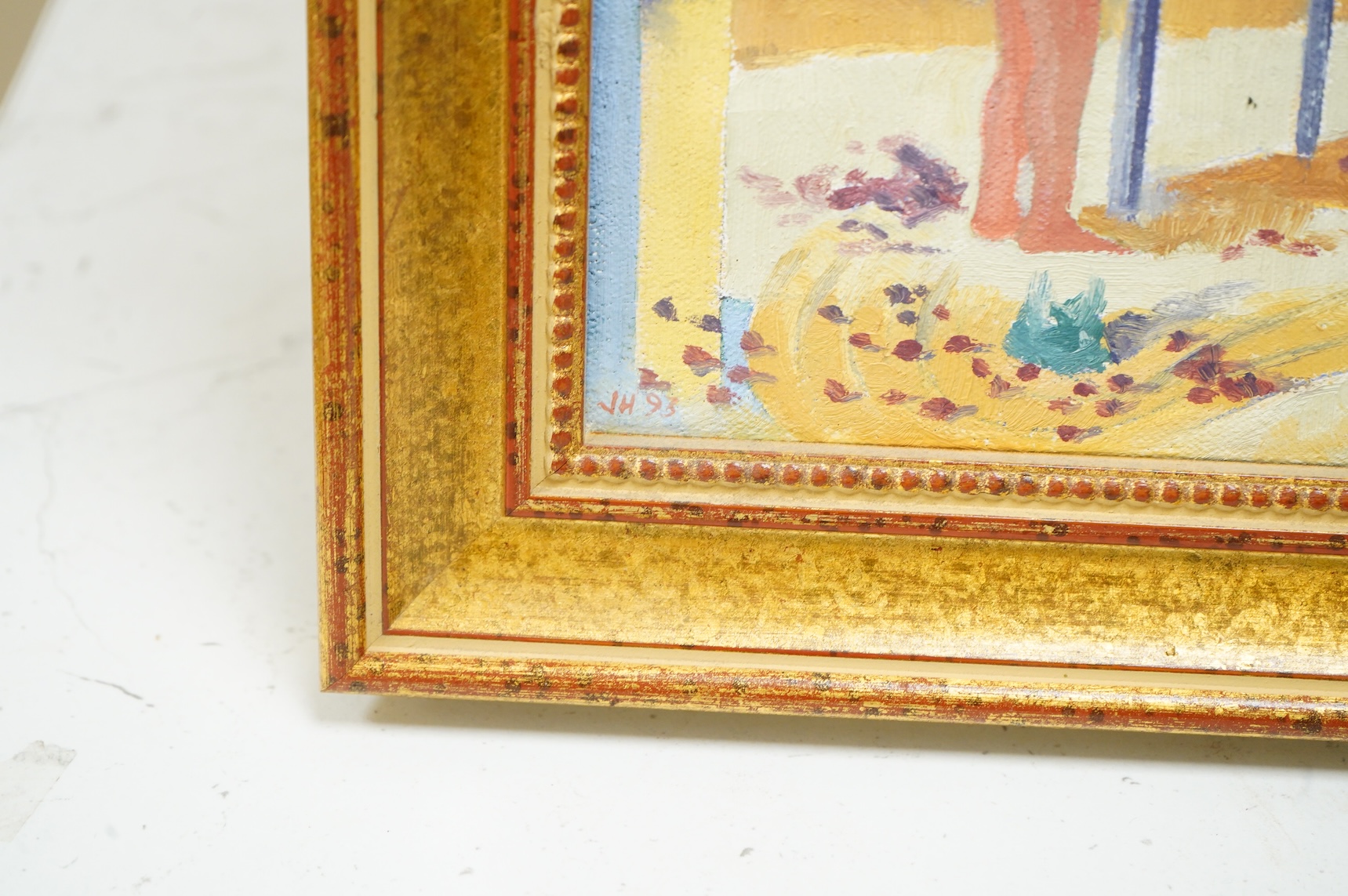 Mid century style, abstract figures harvesting plums, signed JH and dated 93, oil on canvas, 19 x 29cm